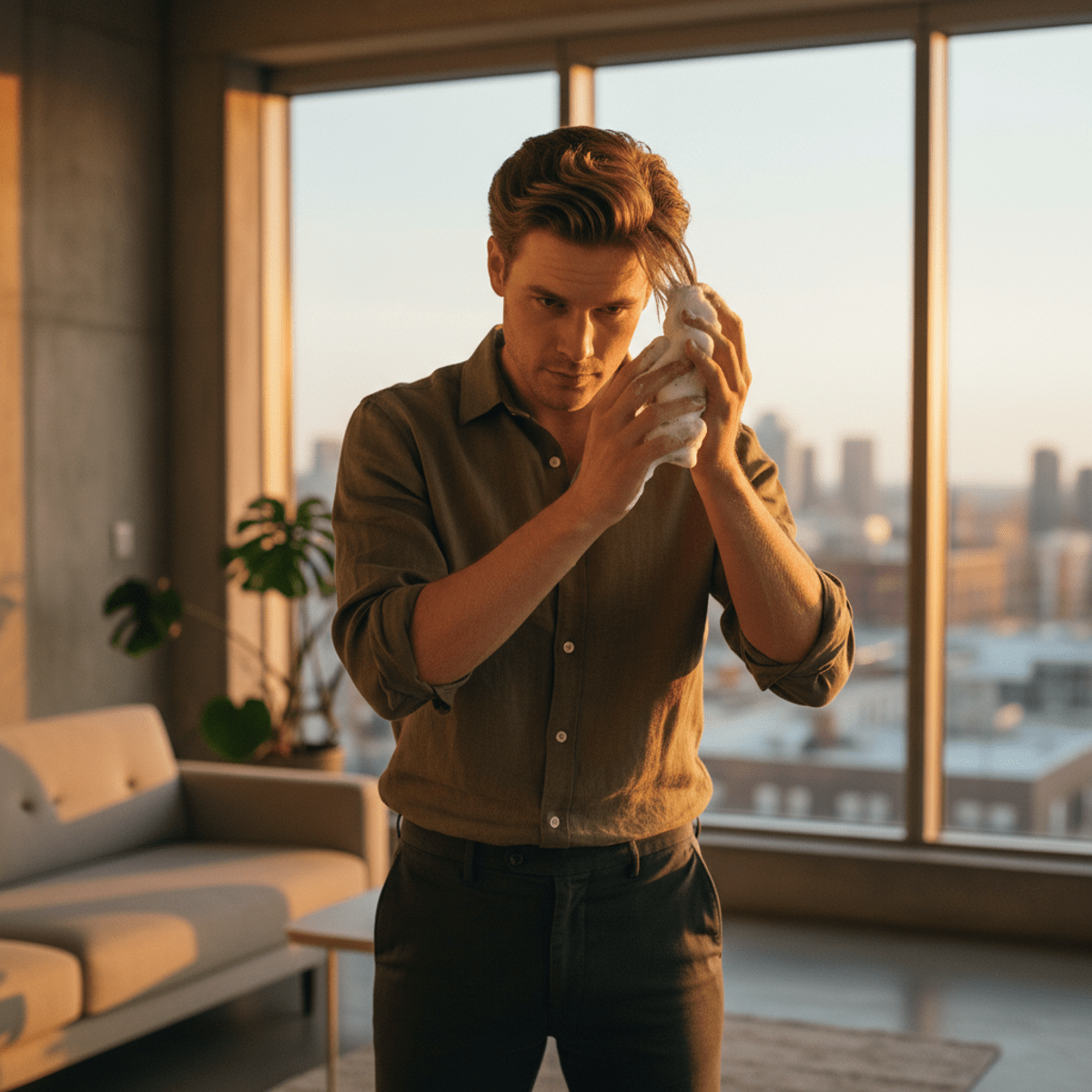 Stylish man applying hair mousse for a soft, volumized pompadour in warm daylight.