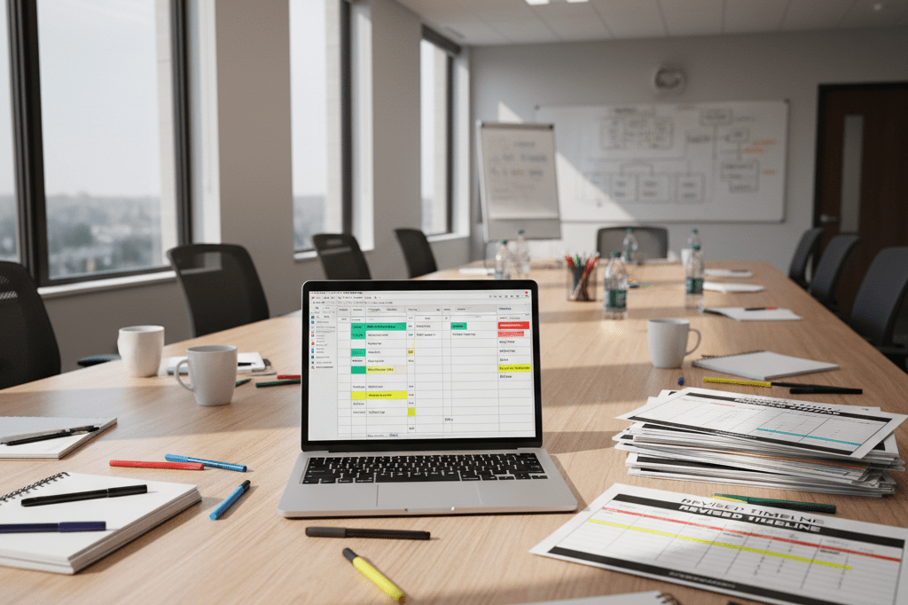 Wide shot of a production meeting table with scheduling tools under natural light, illustrating workforce adjustments