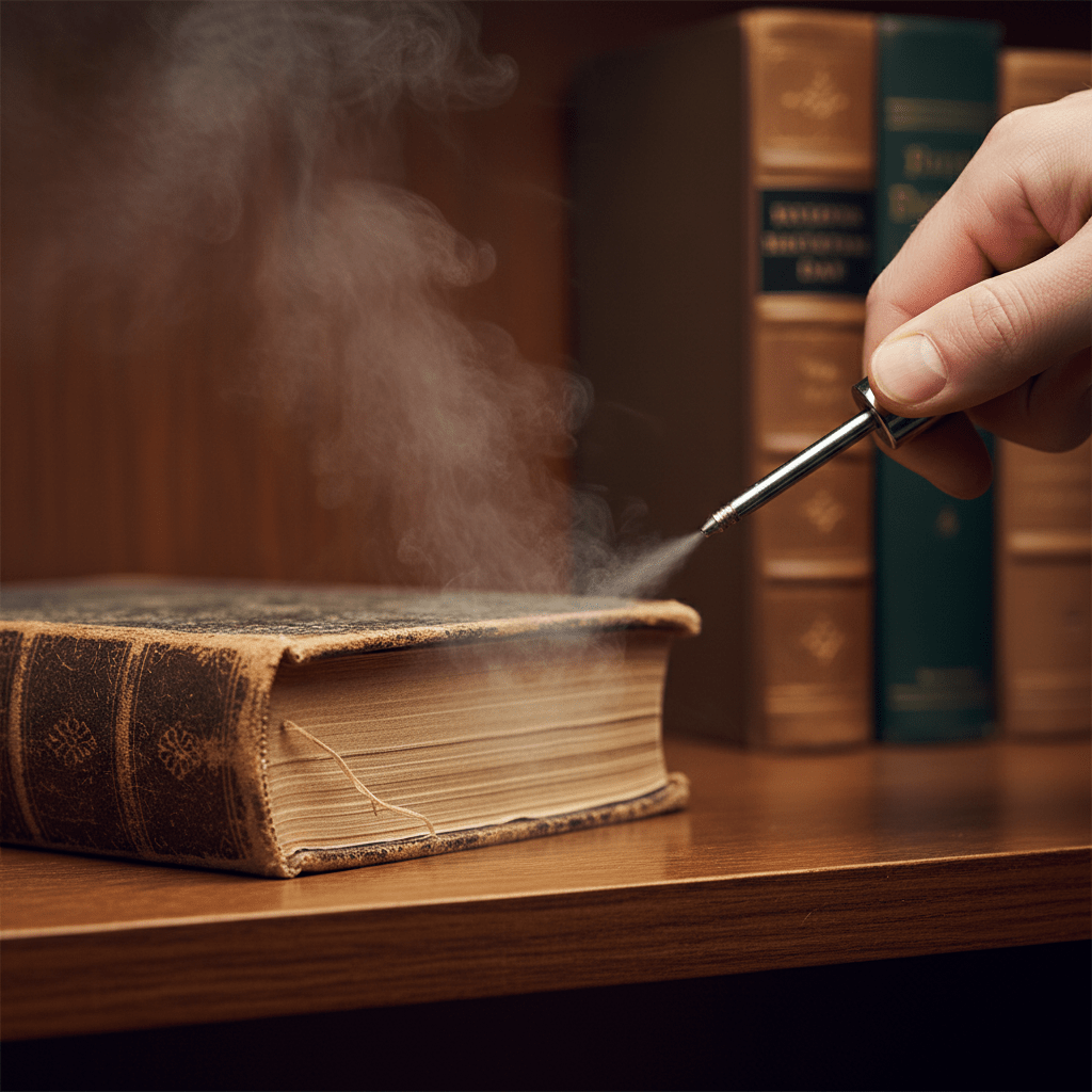Bed bug steamer releasing dry steam onto an antique book on a wooden shelf.