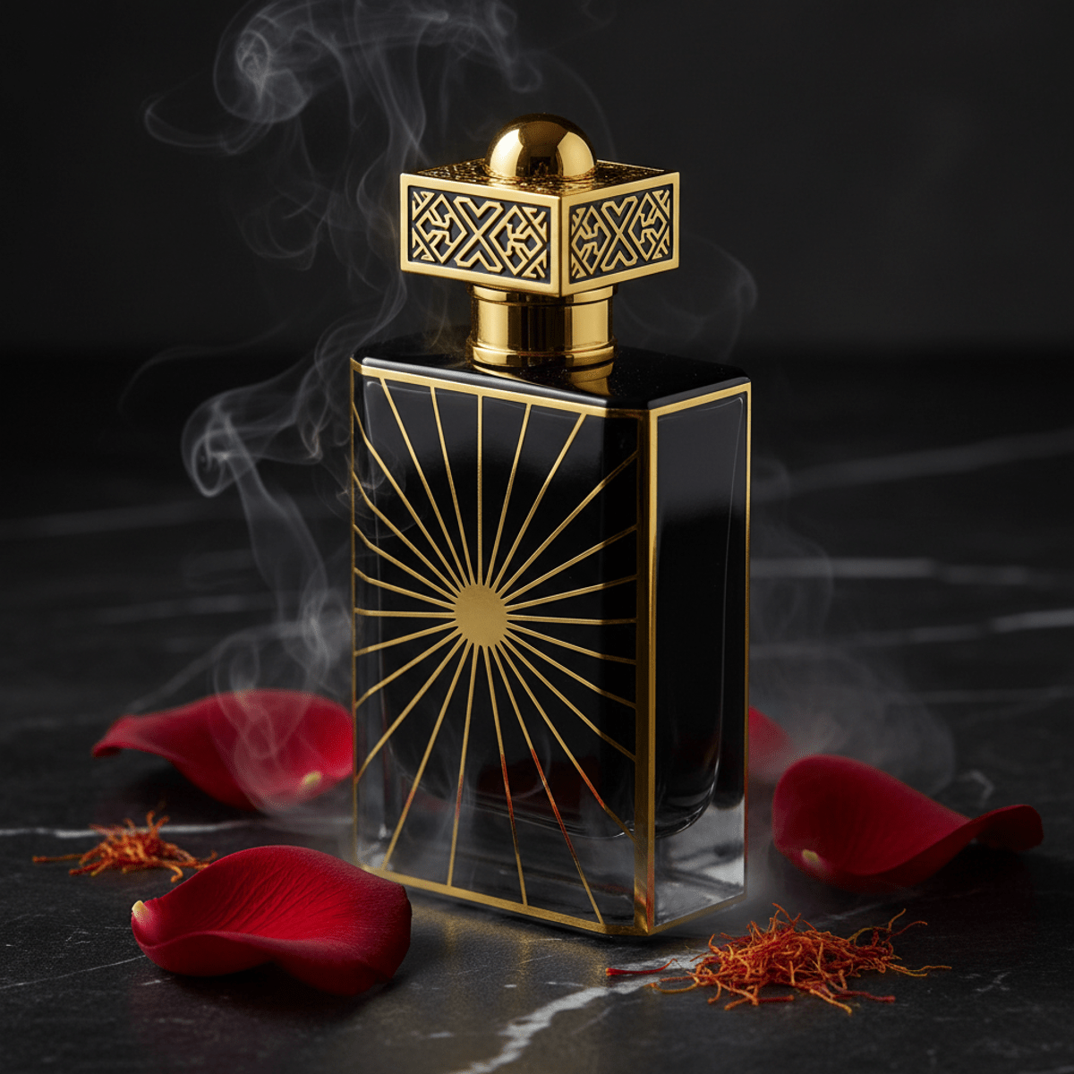 Luxurious obsidian cologne bottle with gold accents, oud smoke, and rose petals.