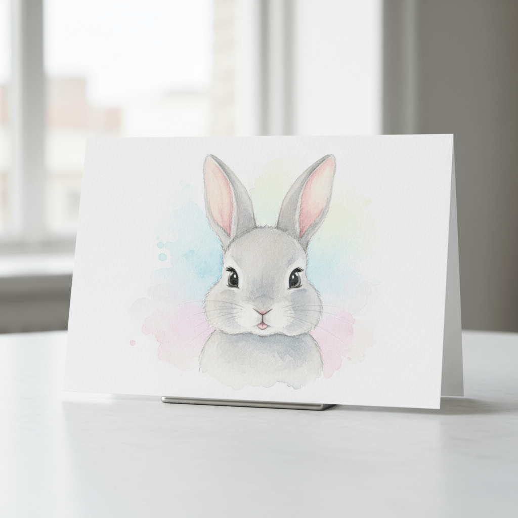 Soft watercolor bunny illustration on an elegant greeting card with pastel washes.