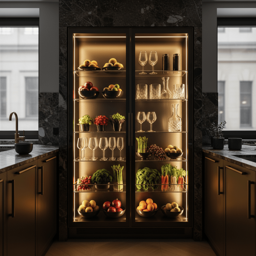 Full-size refrigerator with smoked glass doors, showcasing colorful produce and drinks.