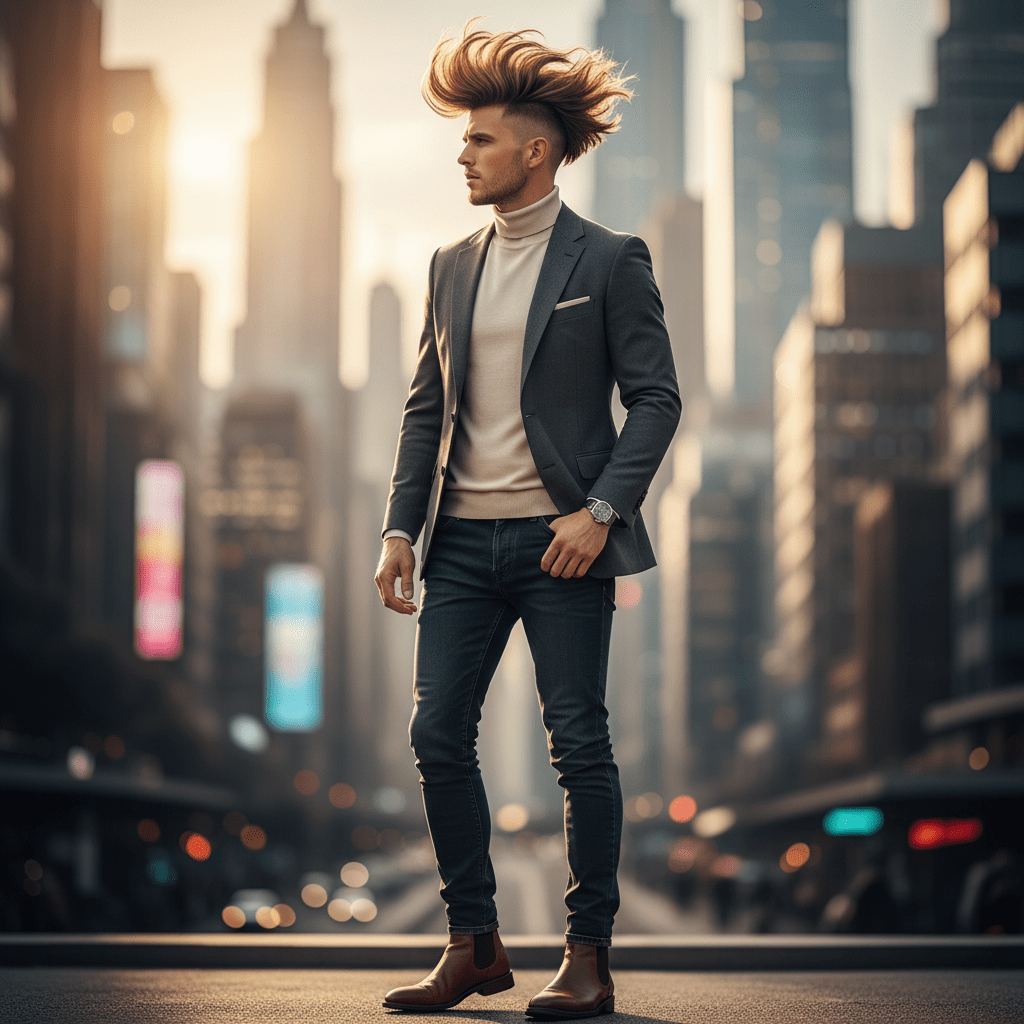 Stylish man with voluminous quiff hairstyle outdoors during golden hour, city skyline blurred.