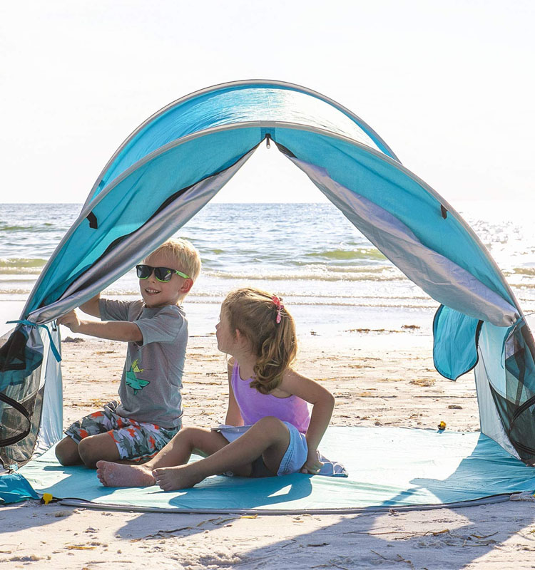 4 Persons Foldable Water, Resistant Uv50 Camping Resort Stretch Hole Frame Half Full Color Beach Tents With Sandbag Anchors/