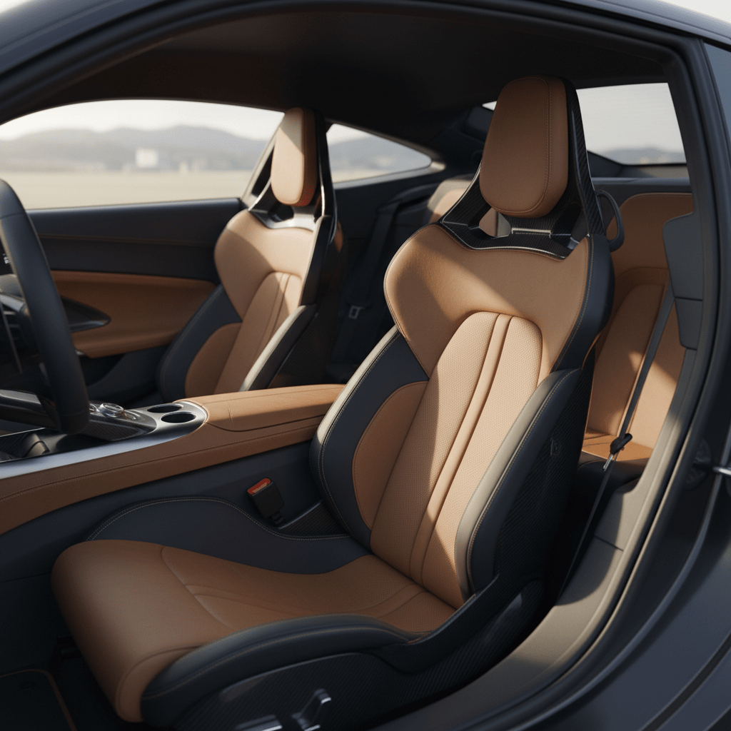 Plush leather and Alcantara car seats with subtle stitching and integrated comfort features.