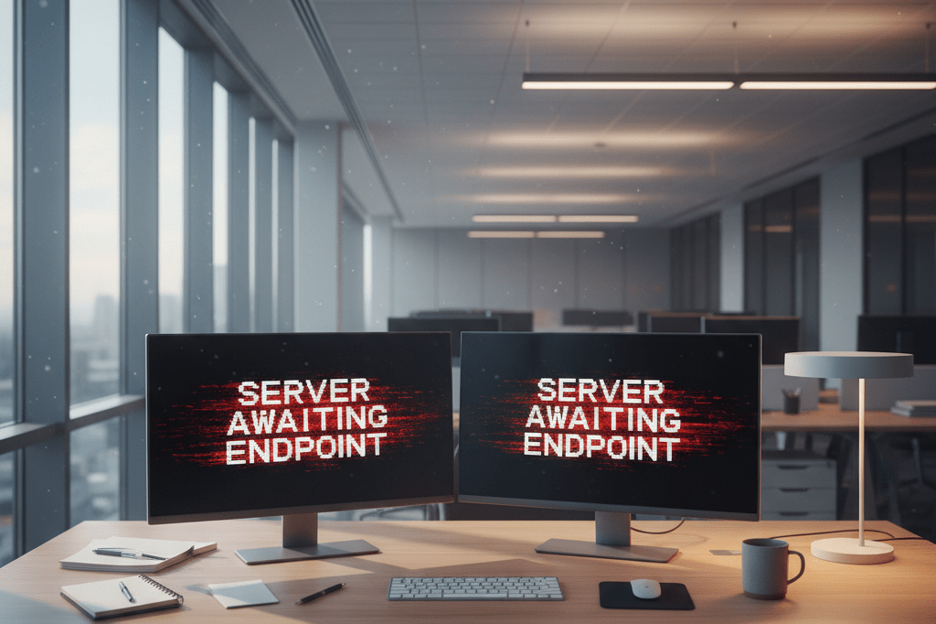 Wide-angle view of office desk with error message hinting at disrupted business operations due to server connectivity issues