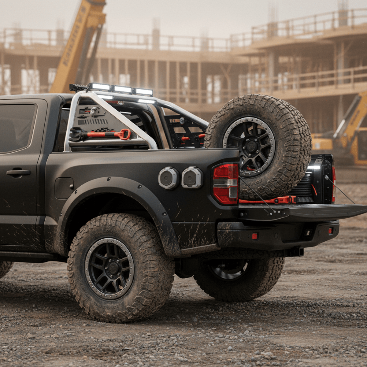 Rugged truck with roll bar and chase rack at an active job site.