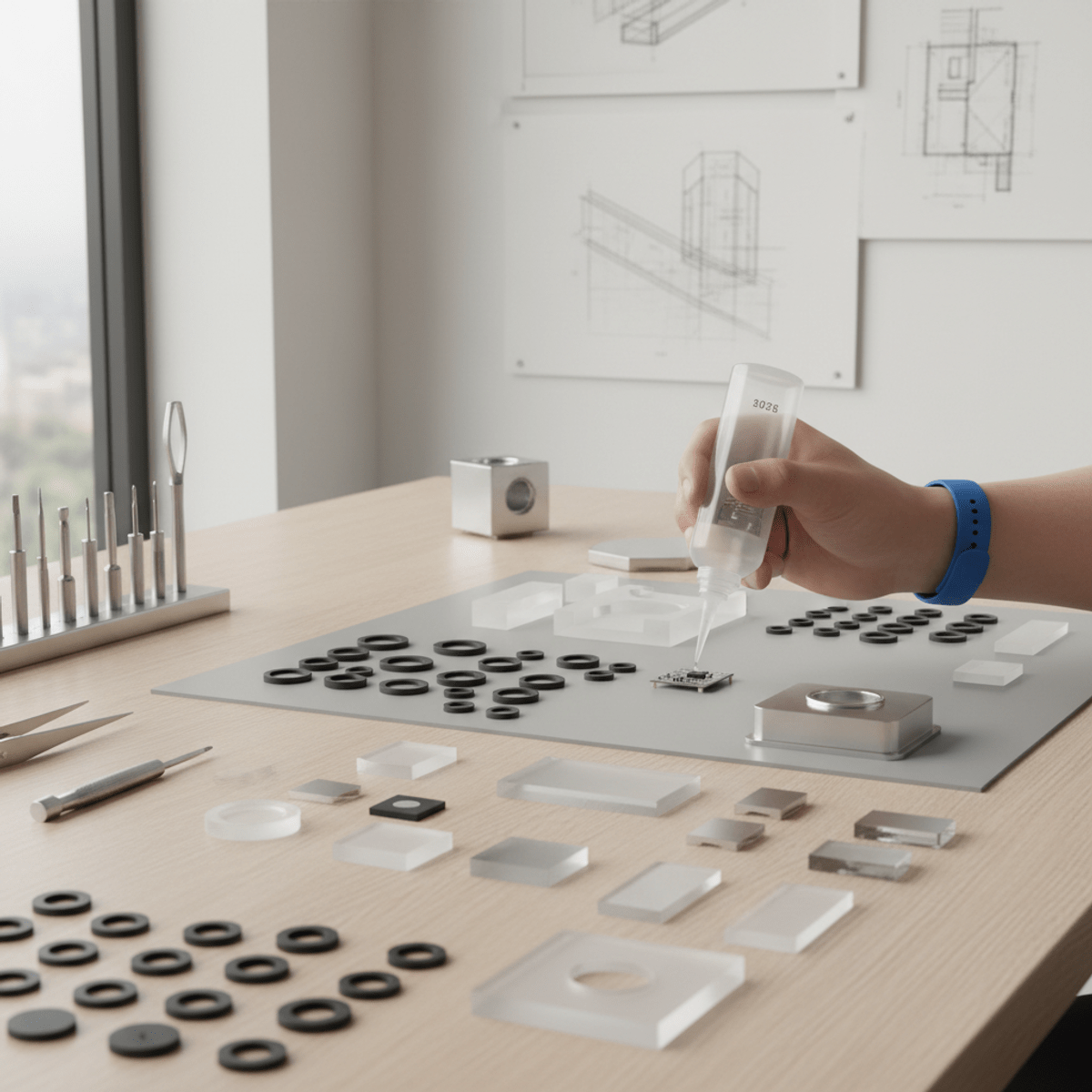 Designer workstation with rubber seals, prototype elements, and adhesive applicator.