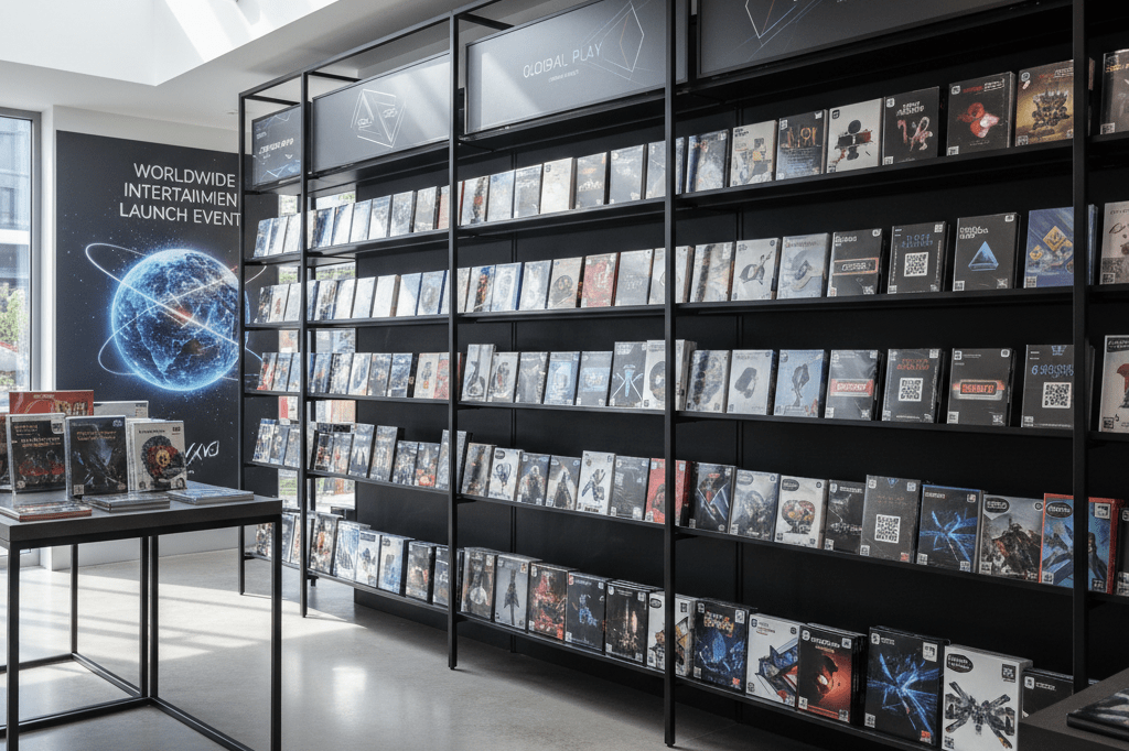Wide shot of sleek shelves showcasing unbranded video game boxes and digital cards under warm ambient light, symbolizing global market expansion