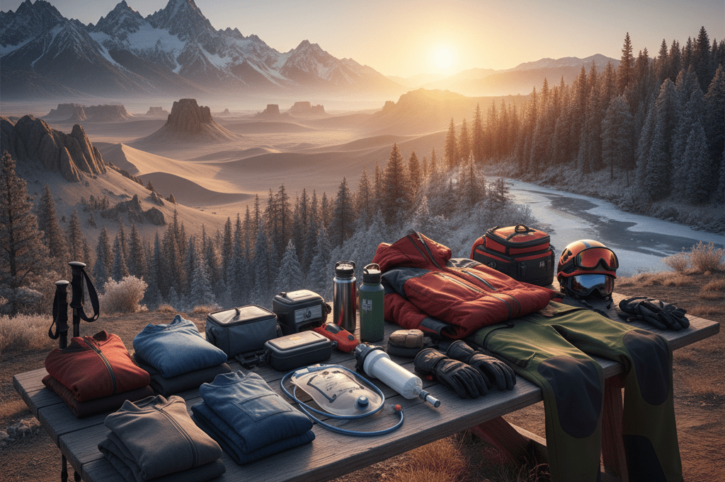 Wide-angle photo of travel-ready products under natural light, highlighting versatile equipment designed for extreme climates