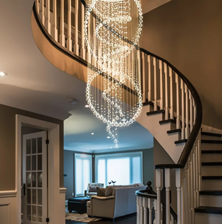 Modern long staircase lighting fixture luxury fiber optic spiral raindrop crystal ceiling chandeliers and lamps