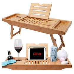 Bamboo Bathtub Tray& Bed Laptop Desk with Foldable Legs, Latest Unique Design, Adjustable , Wine Glass & iPad Holder.