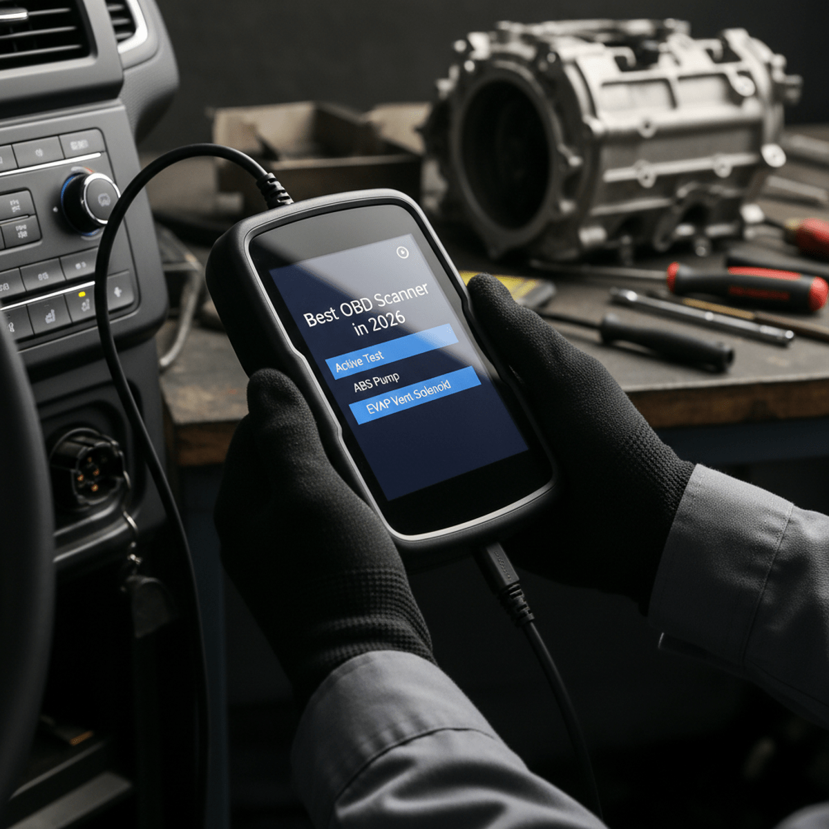 Handheld diagnostic scanner connected to vehicle OBD port, showing active test menu.