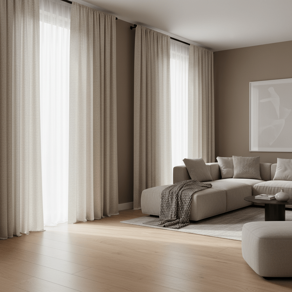 Cream boucle curtains in a modern living room with wooden floors. Luxurious cream boucle curtains with looped texture softly pooling on a wooden floor.
