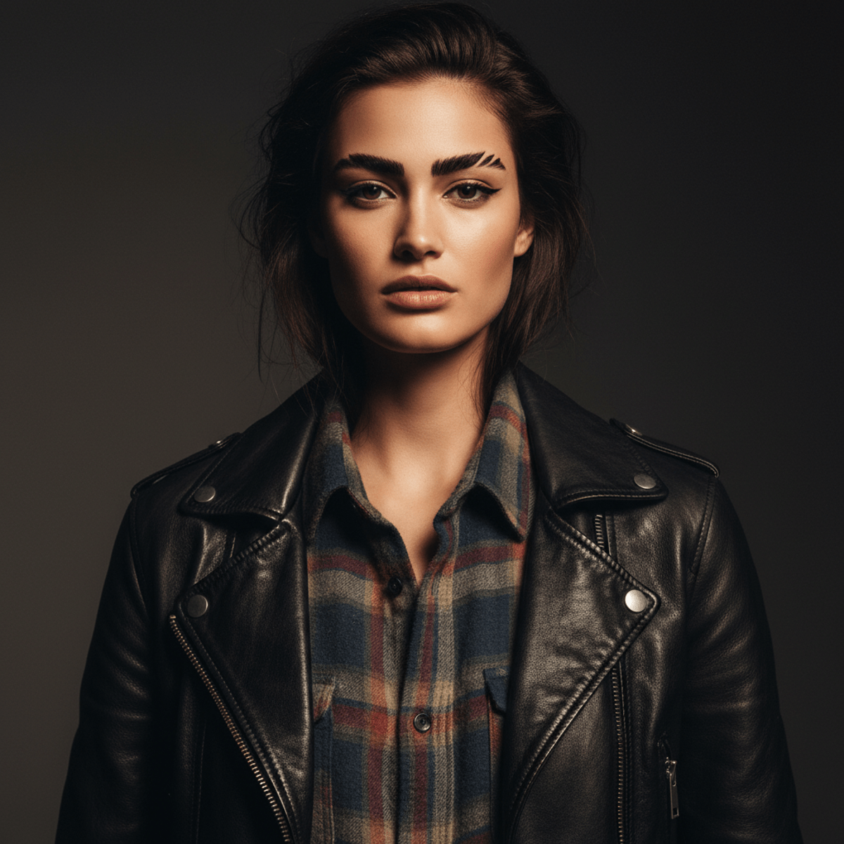 Model with 90s-inspired straight eyebrows and leather jacket in studio lighting.