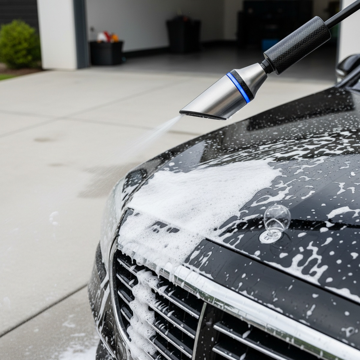 Sleek foam cannon spraying thick foam on a glossy black luxury sedan.