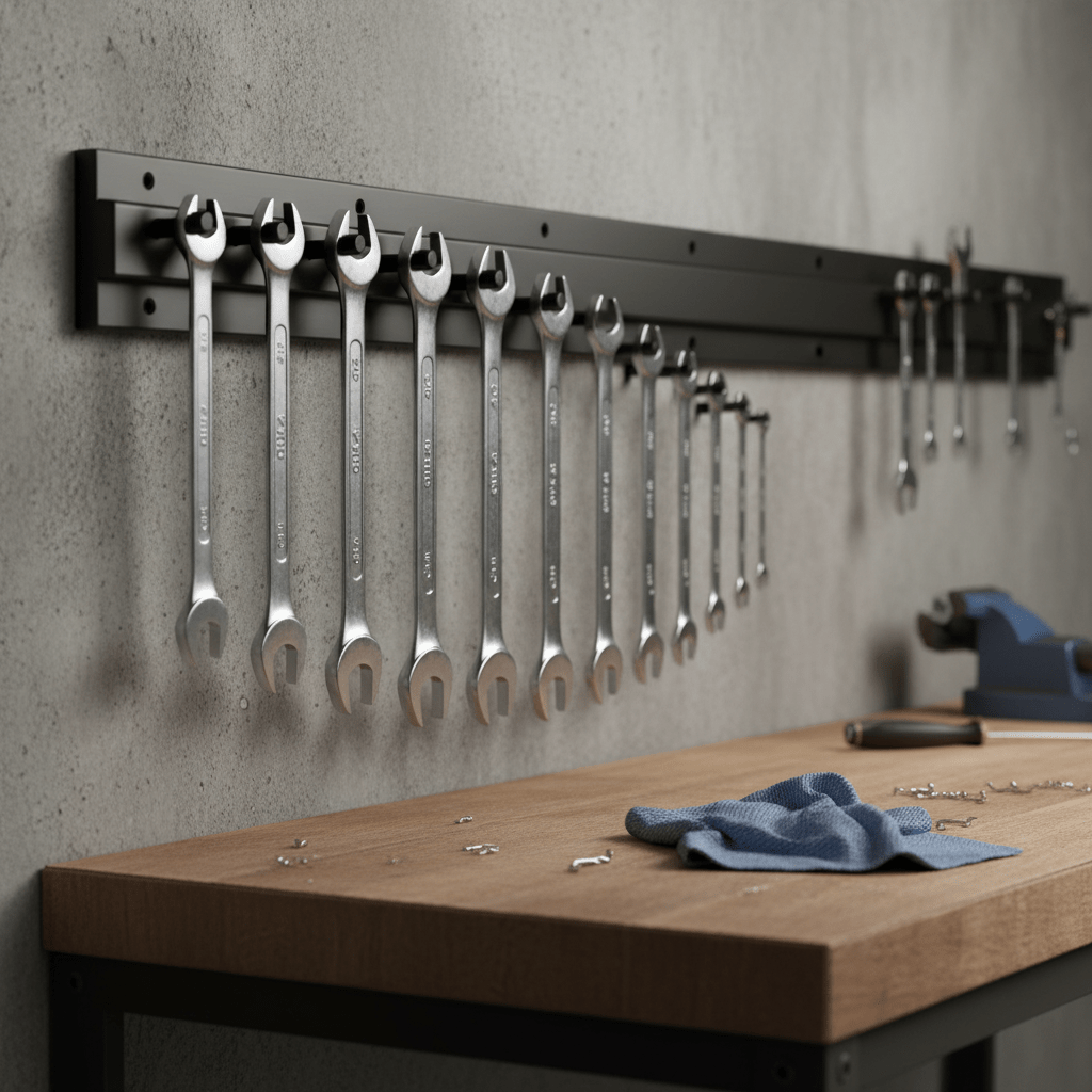 Modern workshop with magnetic wall-mounted wrench organizers and chrome combination wrenches.
