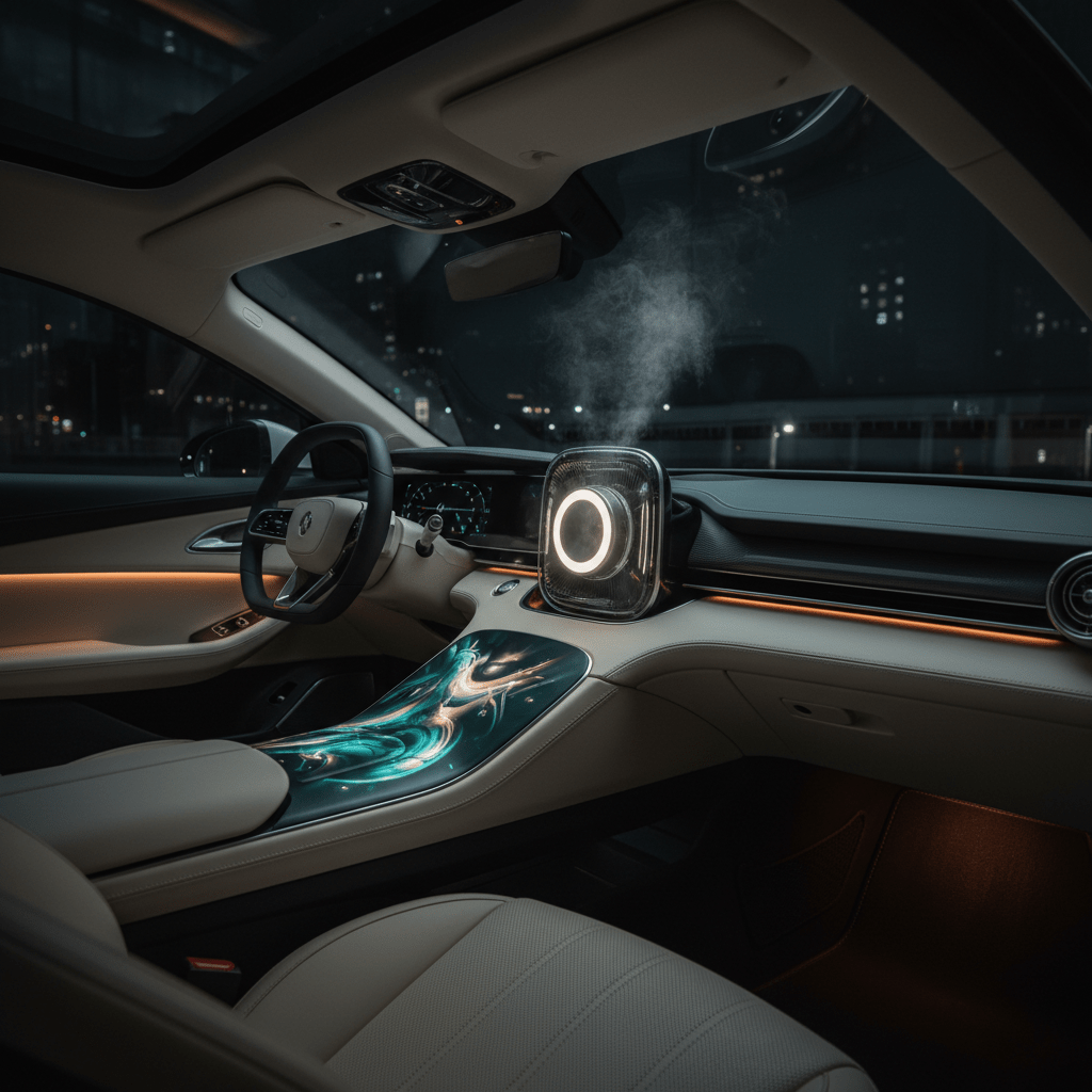 Luxury electric sedan interior at night with glowing air purifier and ambient lighting.