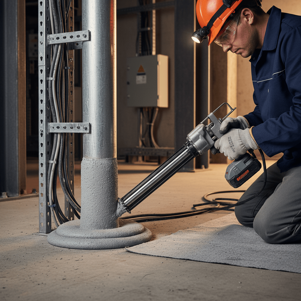 Contractor uses cordless gun to seal pipe penetration with intumescent sealant.