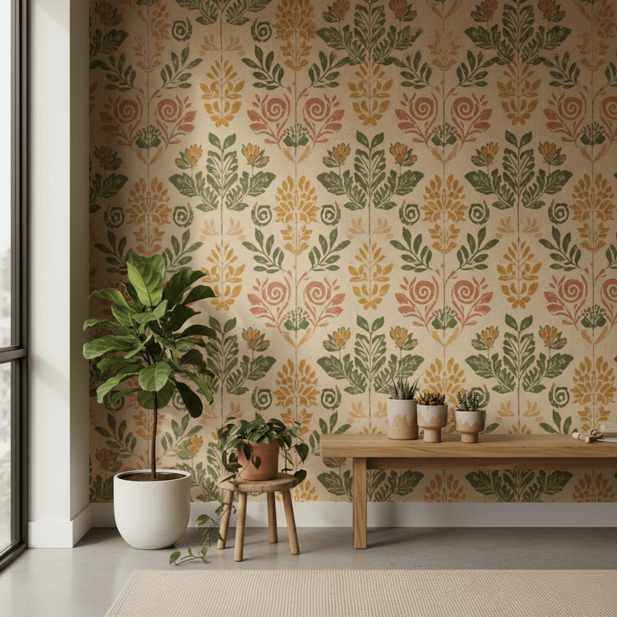 Hand-stamped botanical wallpaper in a modern living space Artisanal hand-stamped wallpaper with botanical motifs in a modern living room.