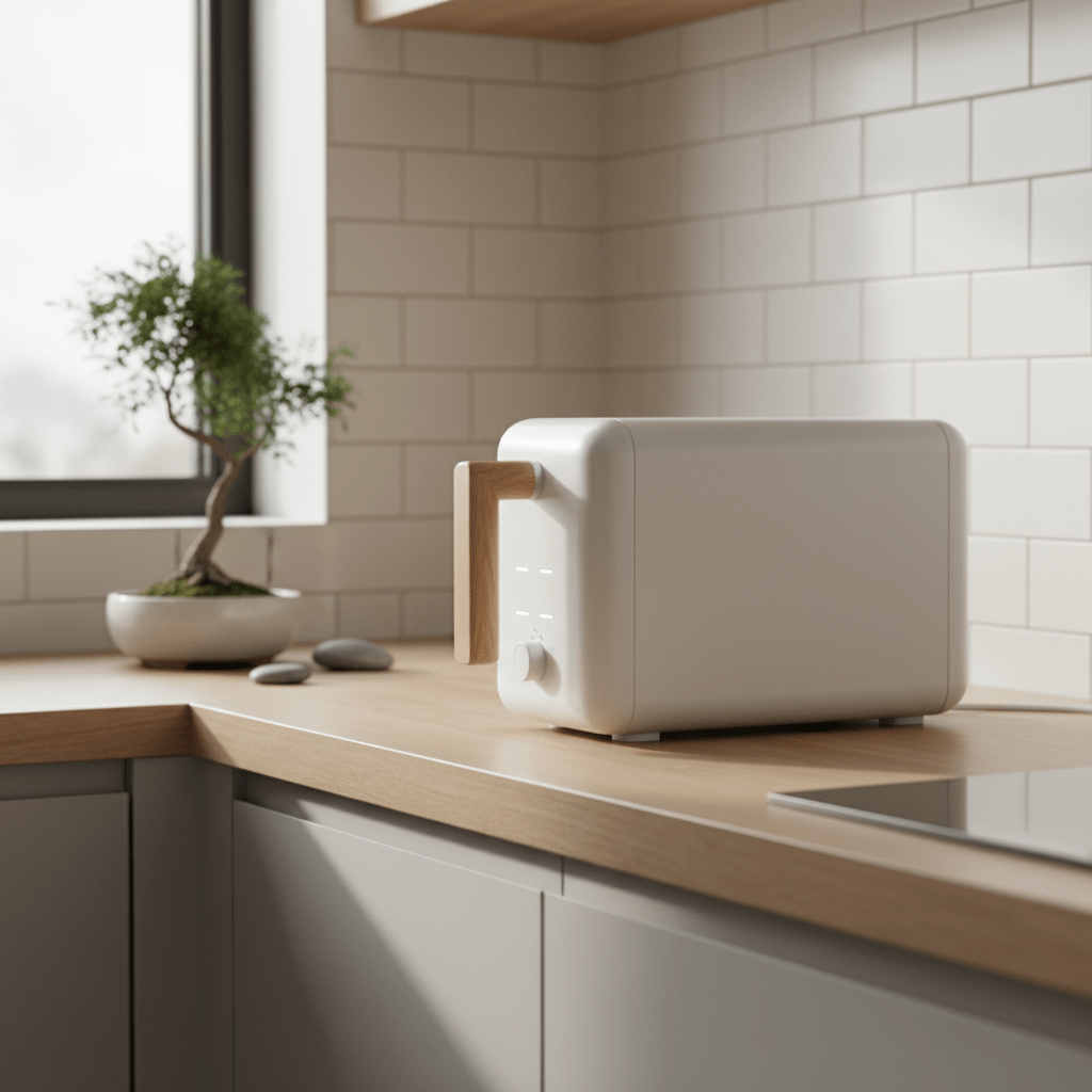 Japandi sandwich toaster with oak handle on a light oak countertop.