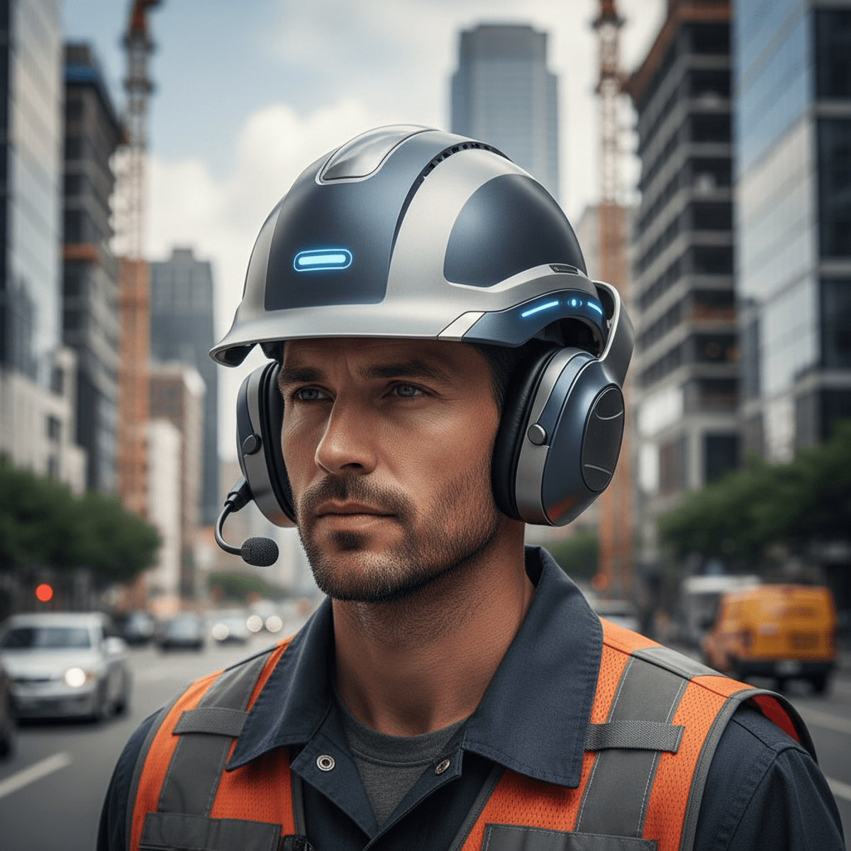 Smart hard hat with integrated tech worn by a worker on an urban construction site.