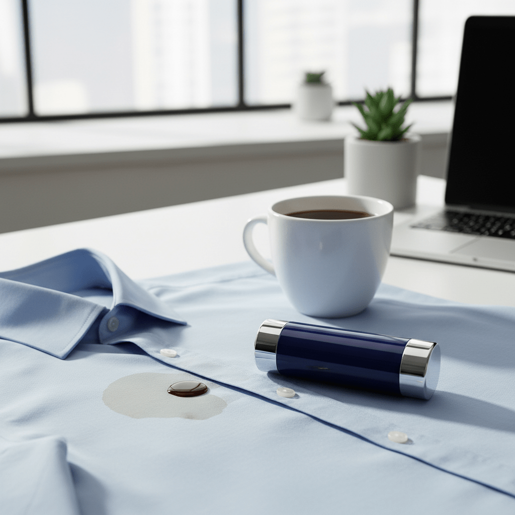 Portable waterless bleach stick on desk near coffee mug and stained shirt.