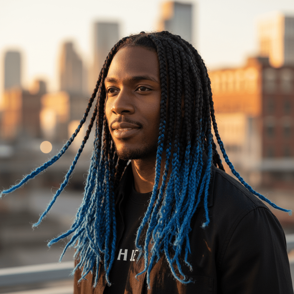 Man with cobalt blue tipped braids outdoors during golden hour with city background.