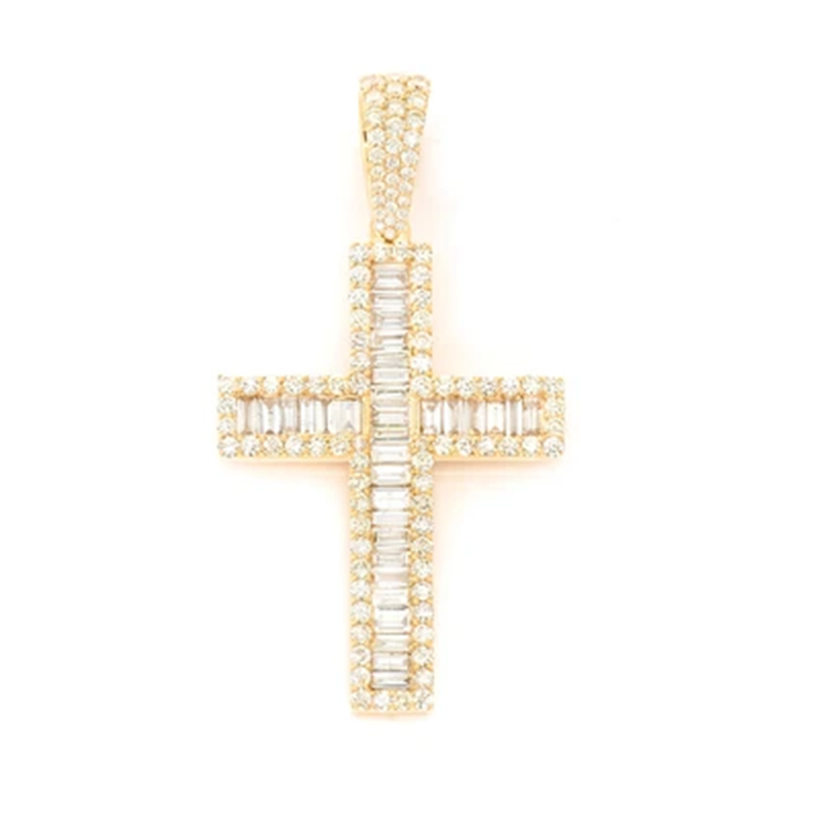 AAA GEMS Hip Hop Moissanite Collection Solid 14K Yellow Gold Baguette Diamond Fashion Cross Pendant for Men
