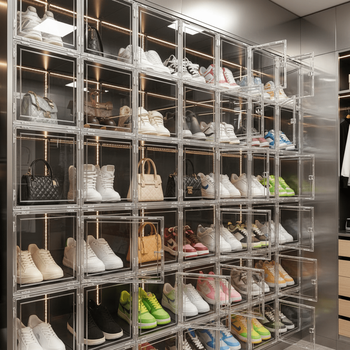 Clear acrylic storage boxes showcasing sneakers and handbags in a modern closet.