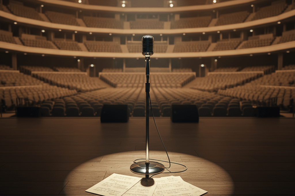 Medium shot of an empty concert stage with a microphone and lyric sheets, symbolizing strategic music marketing