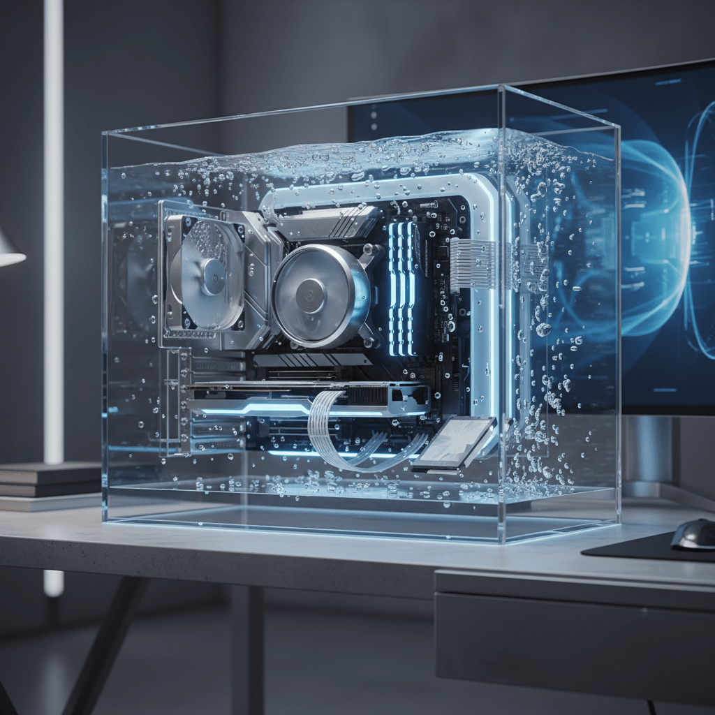 Futuristic computer components suspended mid-air in a transparent acrylic fish tank.