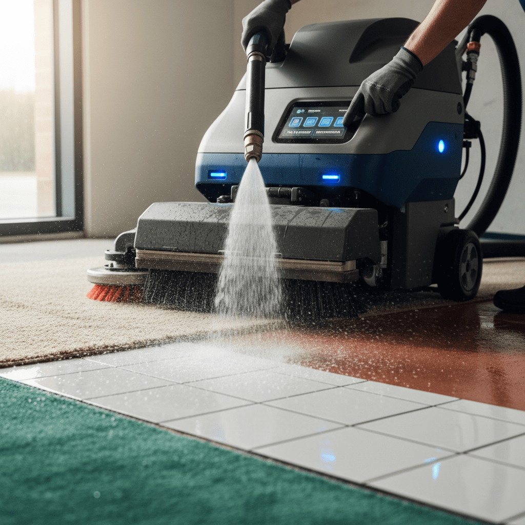 Truck mount cleaner transitions from carpet to tile and grout restoration.