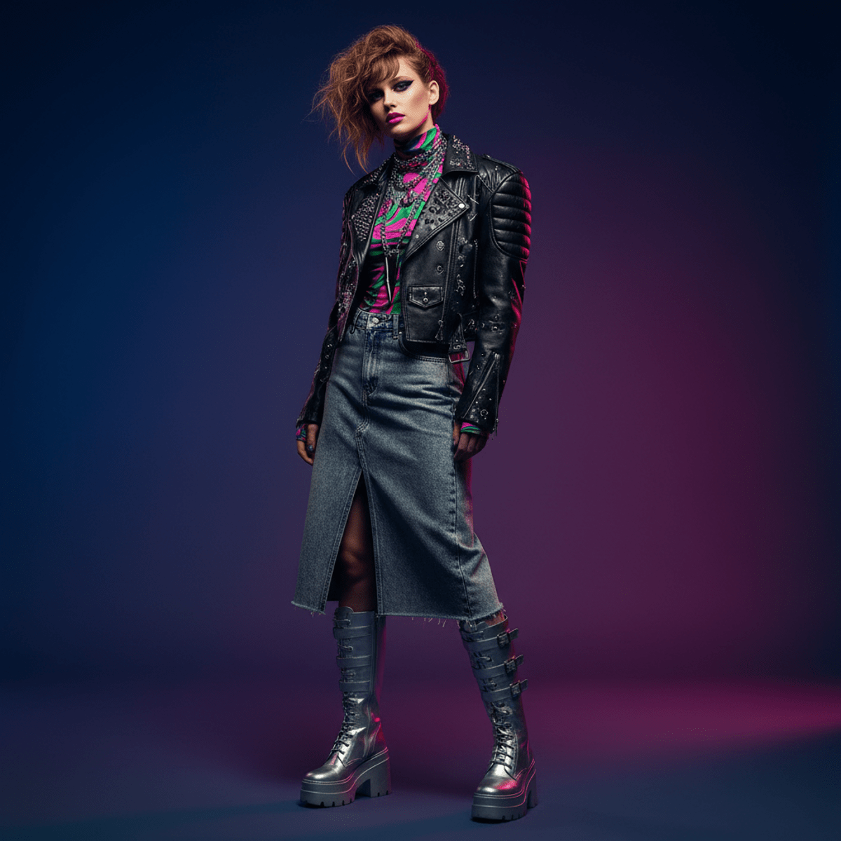Model in acid-wash skirt and leather jacket with 80s rock elements.