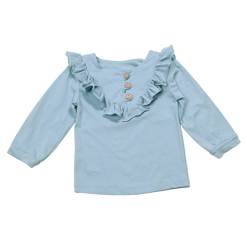 Оптовая продажа, простые синие рубашки с оборками, популярная весенняя одежда с длинным рукавом, одежда для детей, малышей