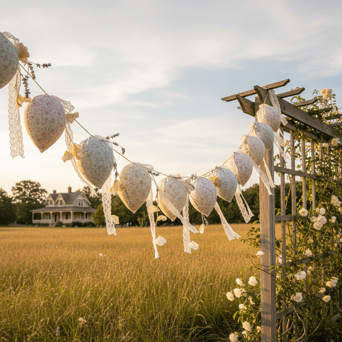 Pastel fabric balloon garland with floral prints in a meadow, accented with lace.