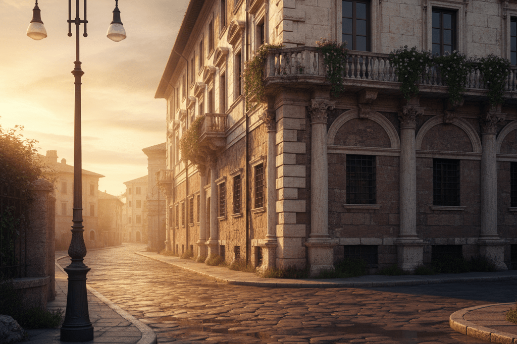 Wide shot of a historic Roman street corner with ambient lighting, evoking film-inspired tourism appeal