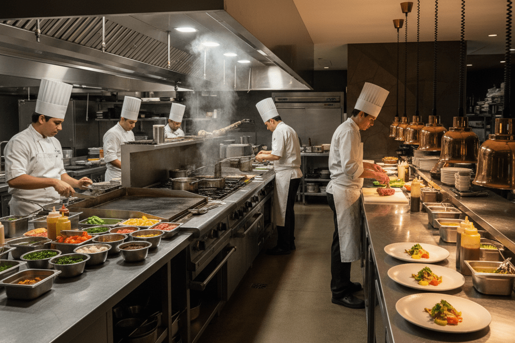 Bustling restaurant kitchen showcasing skilled chefs preparing dishes under warm ambient light, highlighting operational expertise