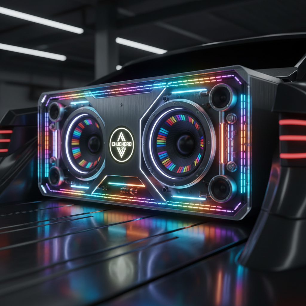 Futuristic car interior with glowing ARGB speaker system and illuminated acrylic windows.