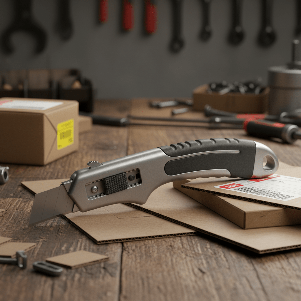 Durable metal utility knife with textured grip on a workbench with packages.