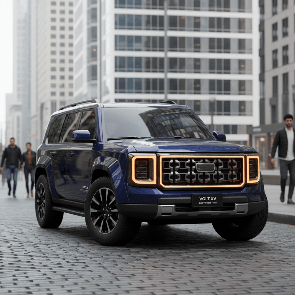 Bold, boxy midsize SUV in midnight blue parked in a modern urban setting.