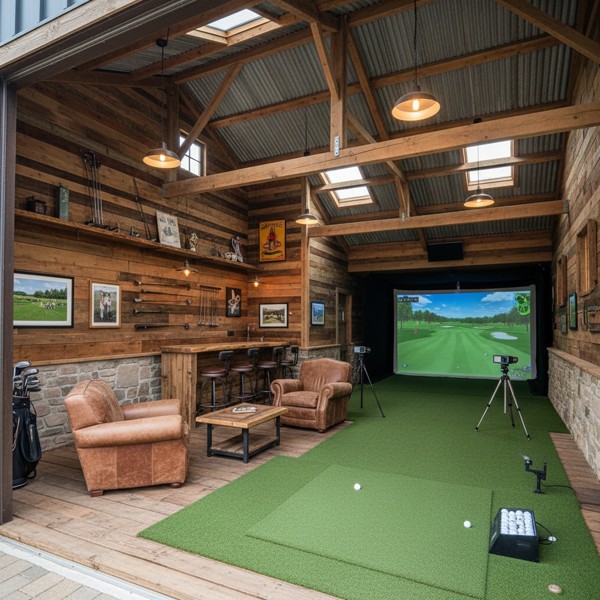 Rustic barn golf simulator with reclaimed wood, stone, and leather seating.