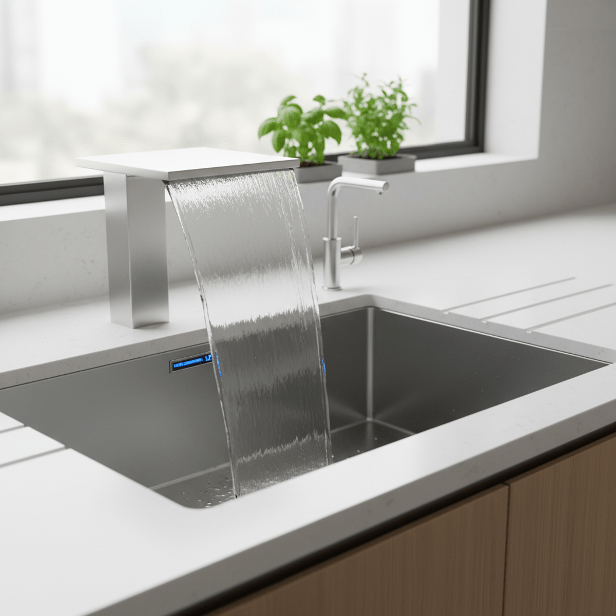 Sleek stainless steel waterfall kitchen sink with integrated water filtration faucet.