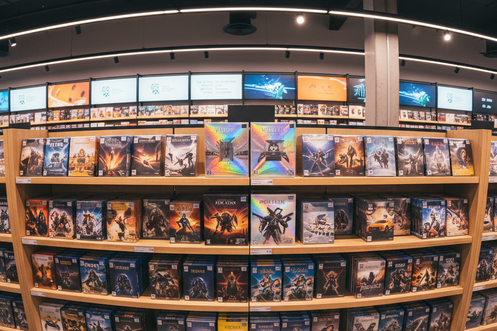 Organized gaming retail shelf with premium and standard edition game cases under warm ambient lighting, illustrating tiered pricing models