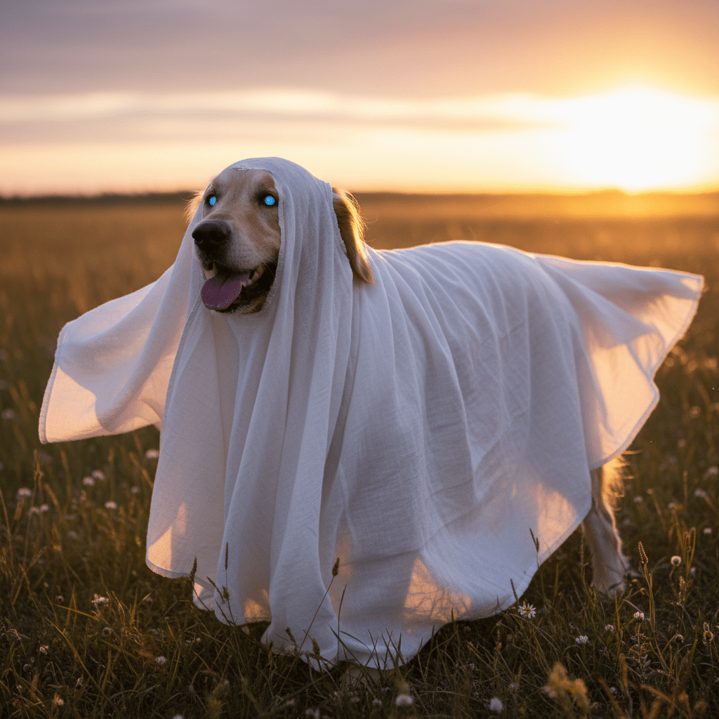 Playful dog in organic cotton sheet ghost costume outdoors at golden hour.