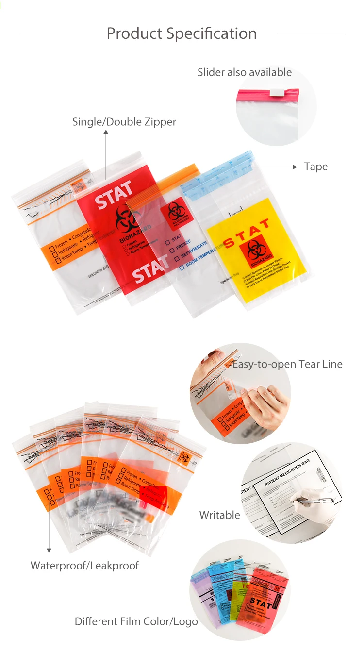 Transparent Plastic Zipper Medical Biohazard Specimen Bag Kangaroo Pouch Biohazard Specimen Bag
