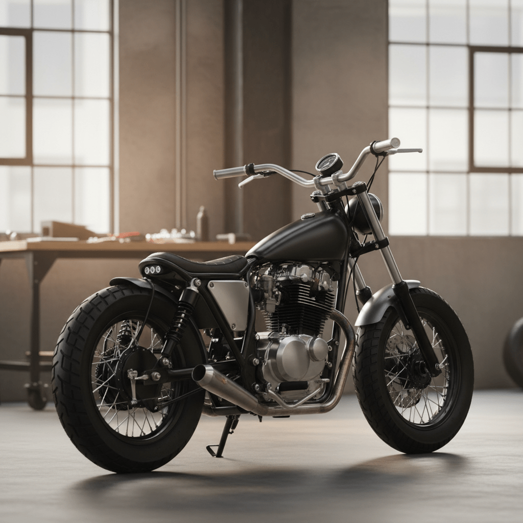 Minimalist bobber motorcycle with matte black and brushed metal accents in a studio.