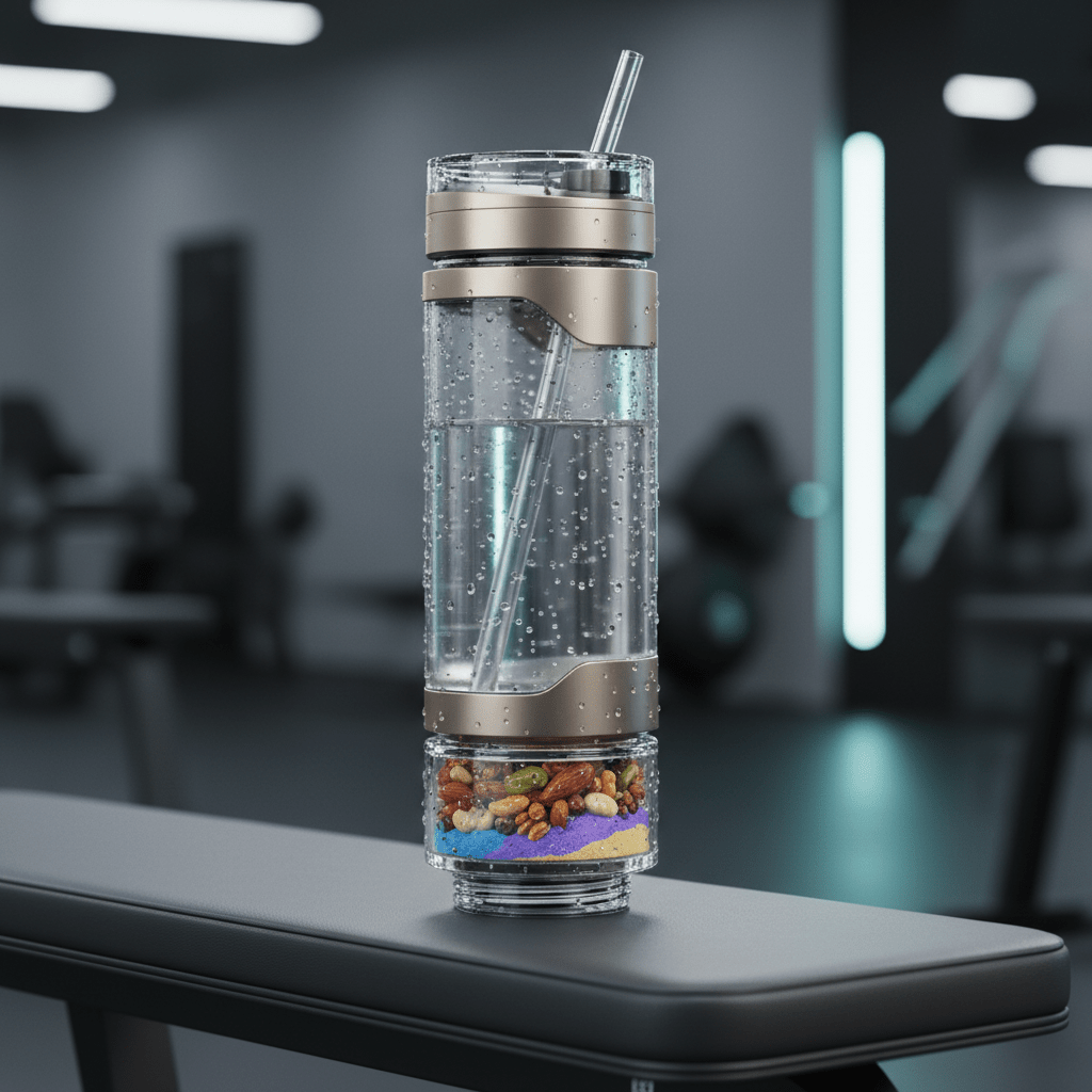 Cross-section of a futuristic water bottle with compartments for nuts and protein powder.