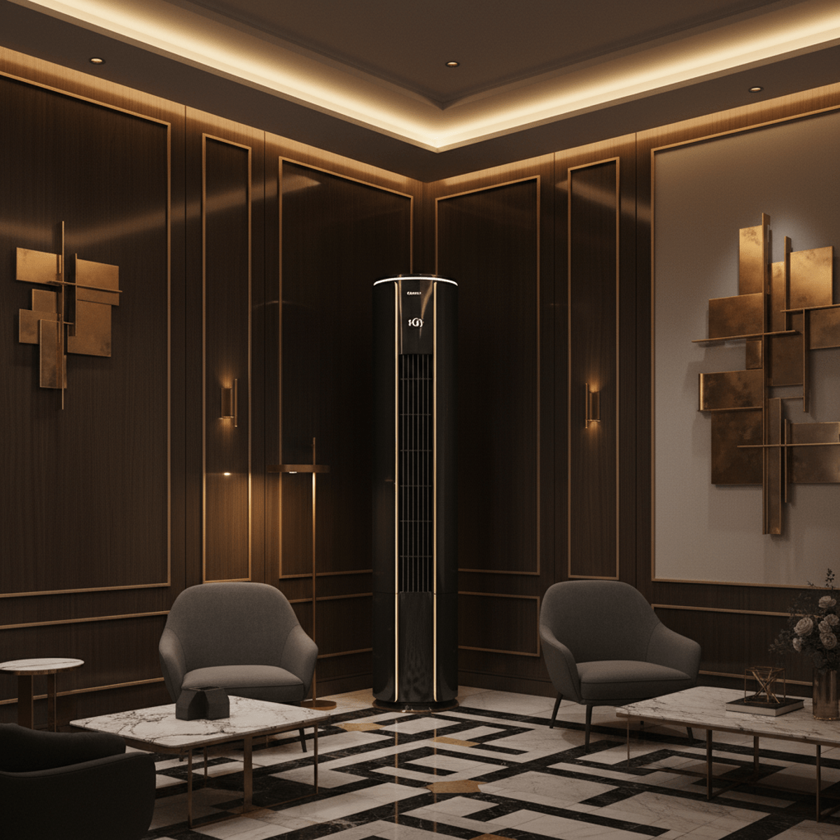 Matte black vertical air conditioner with gold trim in a modern hotel lobby.