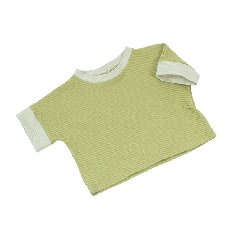 Оптовая продажа, детская одежда контрастных цветов, вафельный детский топ с коротким рукавом, простой детский топ